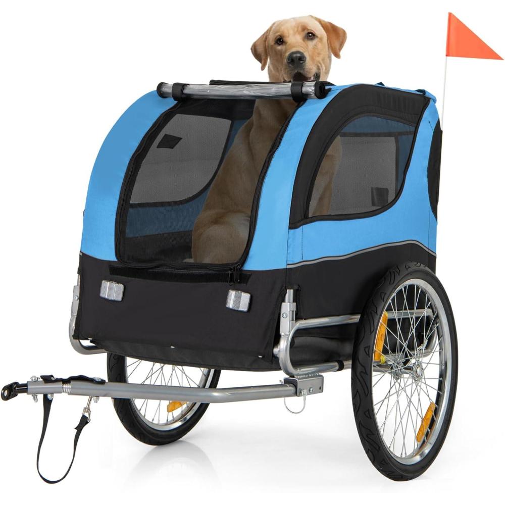 image:imageGiantex Dog Bike Trailer Pet Stroller Small Medium Dog Bicycle Trailer Carrier Wagon 20 Large Wheels 3 Doors 2 Windows 8 Reflectors Folding Metal Frame Supports up to 88 lbsBlue