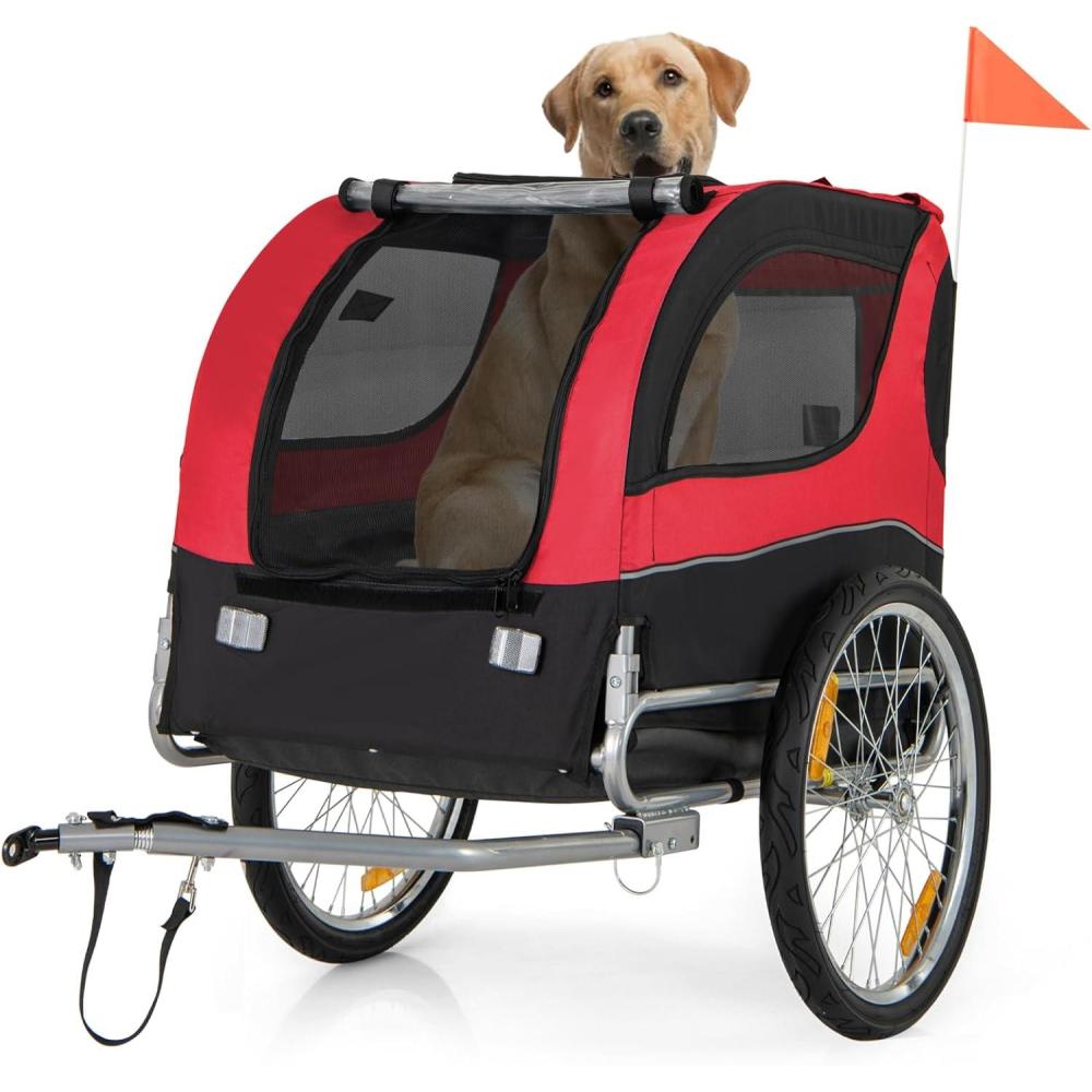 image:imageGiantex Dog Bike Trailer Pet Stroller Small Medium Dog Bicycle Trailer Carrier Wagon 20 Large Wheels 3 Doors 2 Windows 8 Reflectors Folding Metal Frame Supports up to 88 lbsRed
