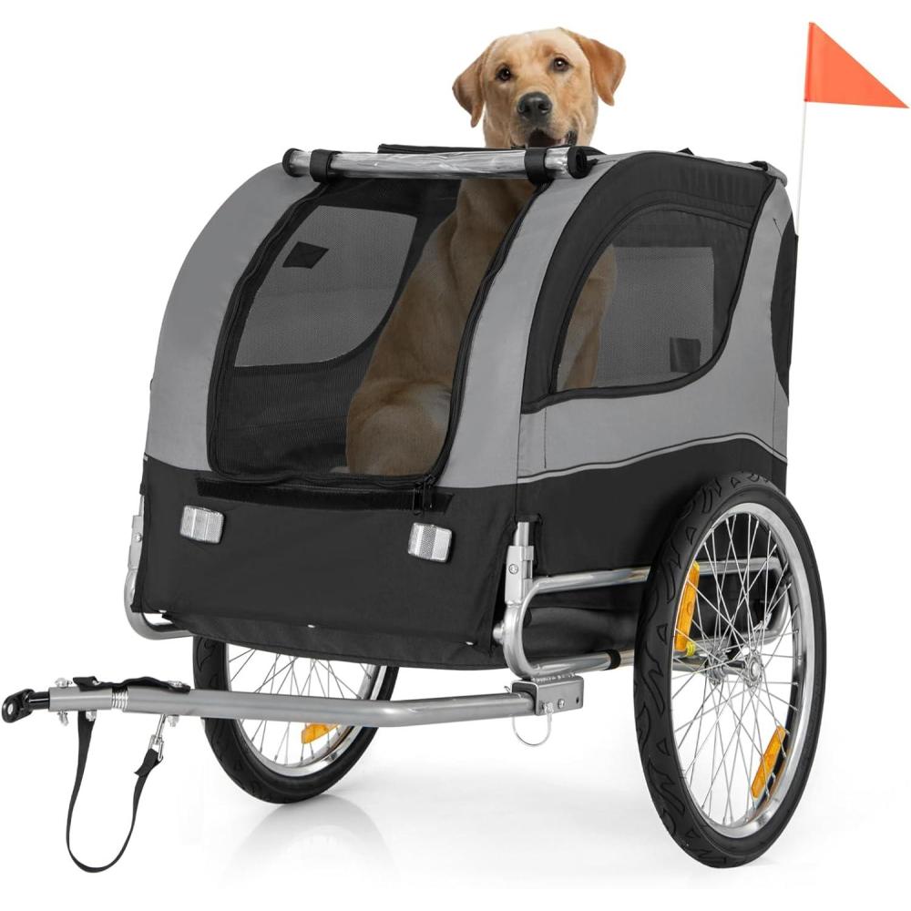 image:imageGiantex Dog Bike Trailer Pet Stroller Small Medium Dog Bicycle Trailer Carrier Wagon 20 Large Wheels 3 Doors 2 Windows 8 Reflectors Folding Metal Frame Supports up to 88 lbsGray