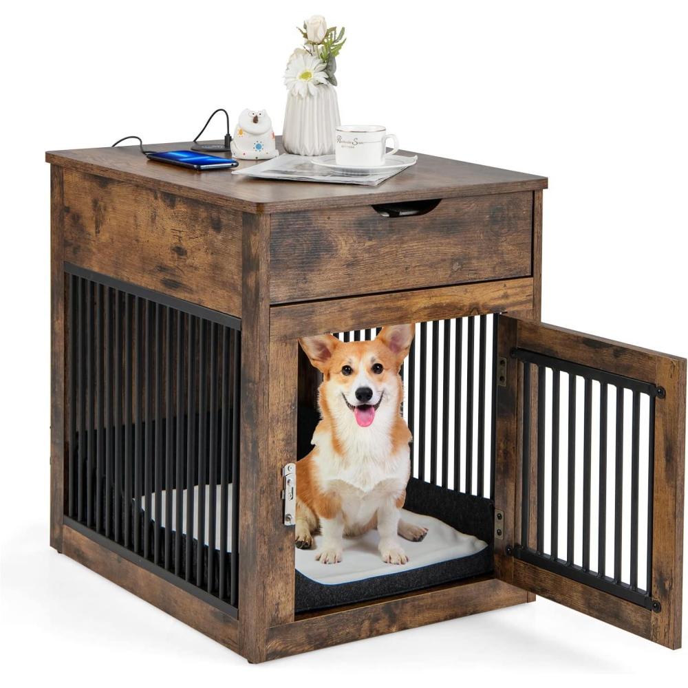 image:imageGiantex Dog Crate Furniture Dog Kennel End Table with ChewProof Metal Fence Lockable Door Storage Drawer Wired and Wireless Charging Wooden Pet Cage Side Table Indoor Rustic BrownRustic Brown