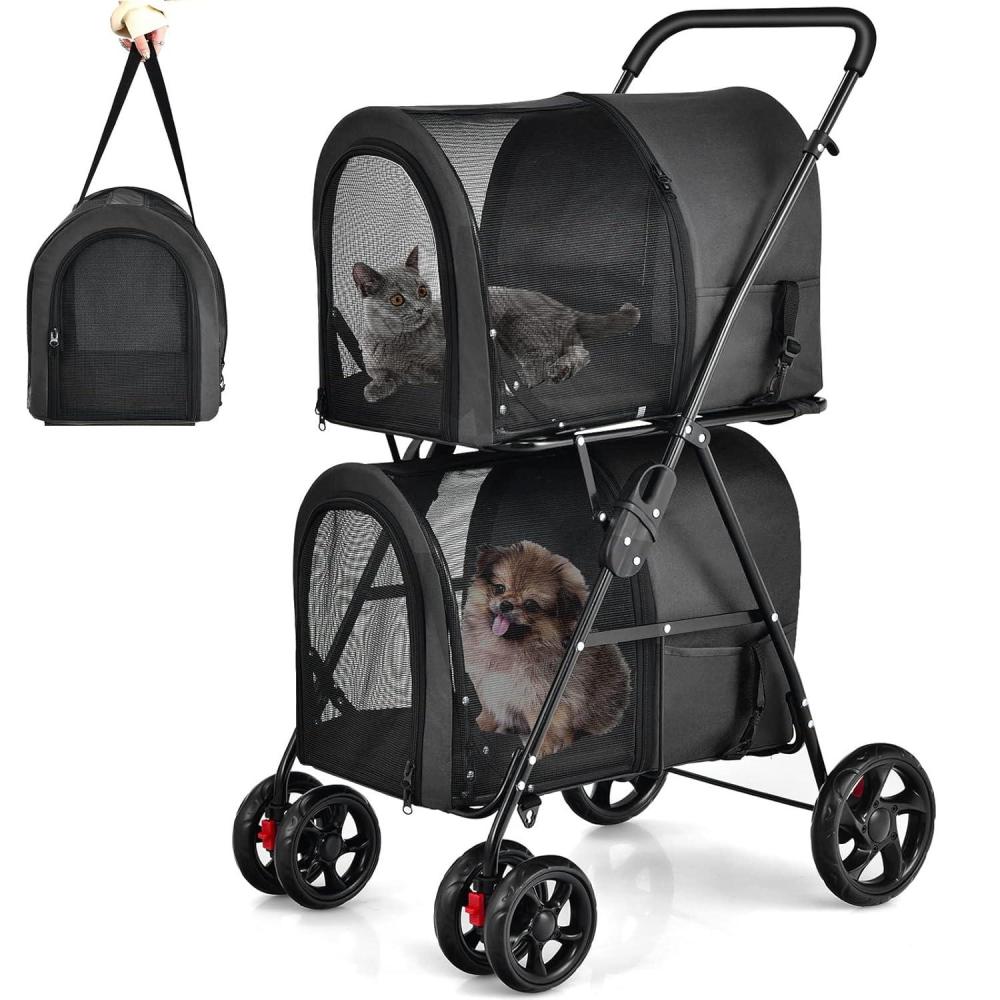 image:imageGiantex Double Pet Stroller with 2 Detachable Carrier Bags Safety Belt 4 Lockable Wheels Folding Cat amp Dog Stroller for Small Medium Pets Cats Dogs Puppy Travel Strolling Cart BeigeBlack