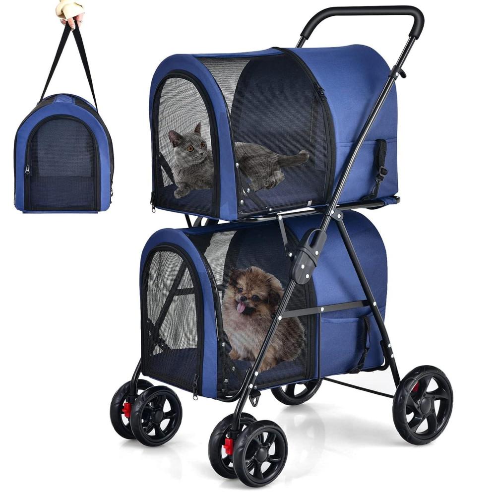 image:imageGiantex Double Pet Stroller with 2 Detachable Carrier Bags Safety Belt 4 Lockable Wheels Folding Cat amp Dog Stroller for Small Medium Pets Cats Dogs Puppy Travel Strolling Cart BeigeNavy