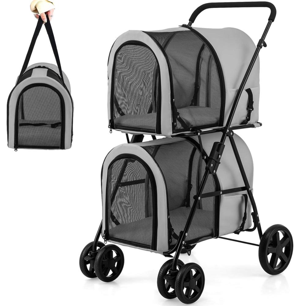 image:imageGiantex Double Pet Stroller with 2 Detachable Carrier Bags Safety Belt 4 Lockable Wheels Folding Cat amp Dog Stroller for Small Medium Pets Cats Dogs Puppy Travel Strolling Cart BeigeGray