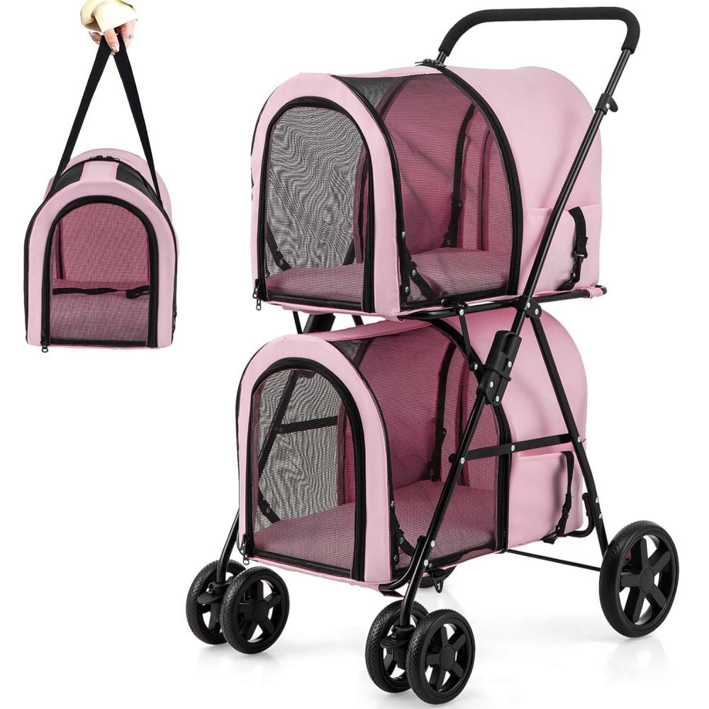 image:imageGiantex Double Pet Stroller with 2 Detachable Carrier Bags Safety Belt 4 Lockable Wheels Folding Cat amp Dog Stroller for Small Medium Pets Cats Dogs Puppy Travel Strolling Cart BeigePink