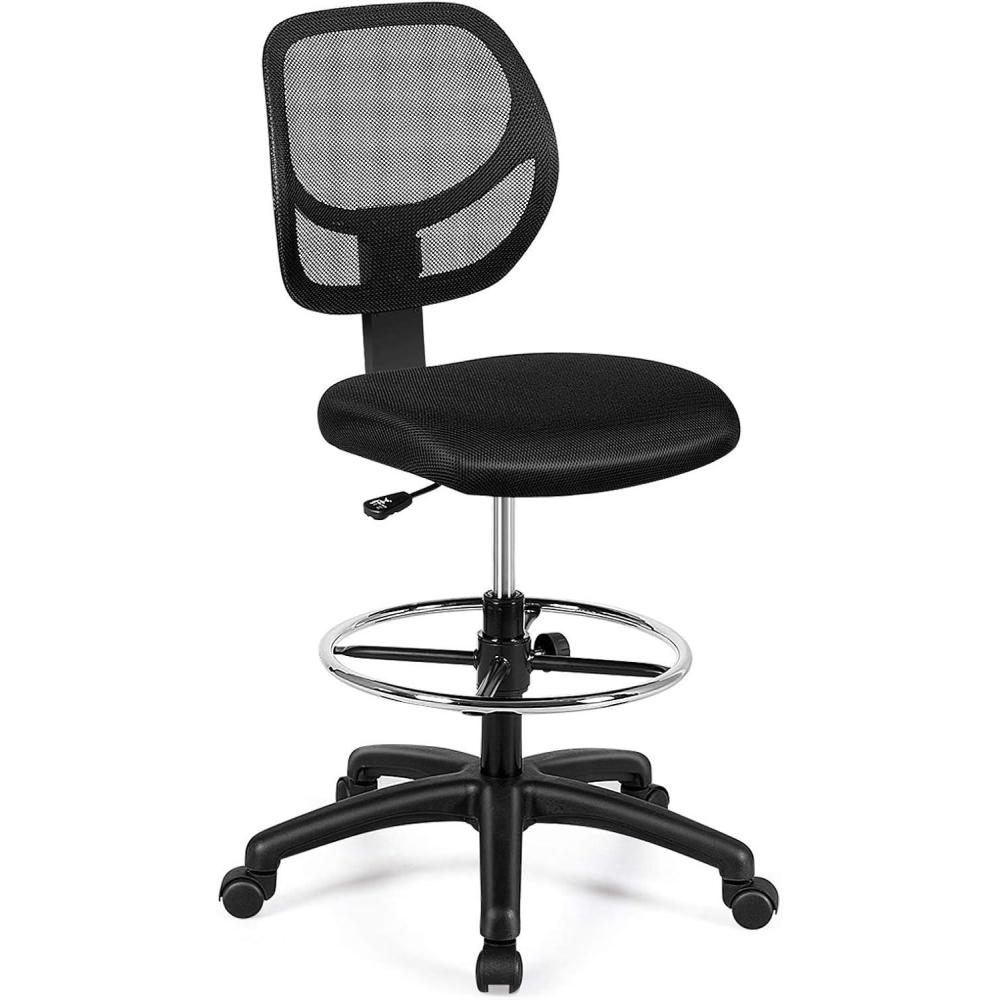 image:imageGiantex Drafting Chair Tall Office Chair with Back Height Adjustable Home Office Chair on Wheels Ergonomic Computer Standing Desk Chair with Footrest Ring for Bedroom Black