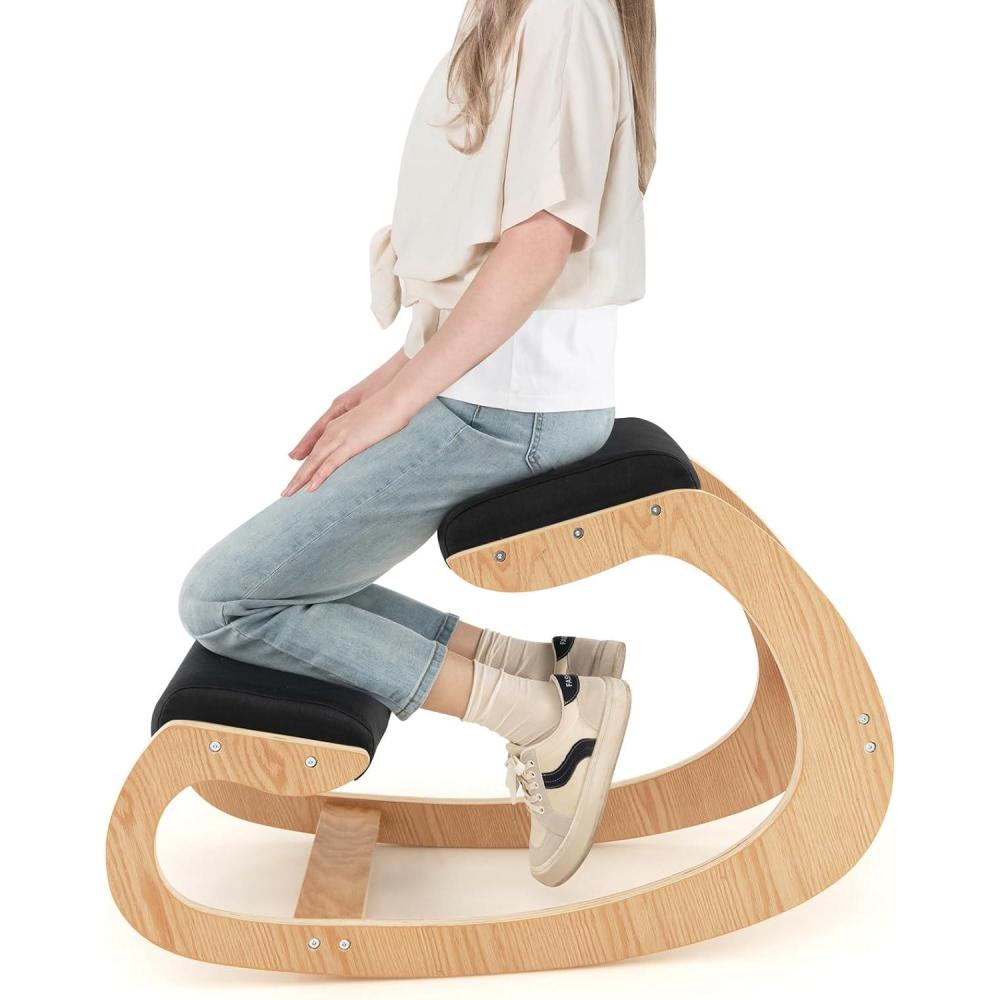 image:imageGiantex Ergonomic Kneeling Chair Posture Chair for Desk with Cushion Solid Wood Frame Max Load 330 Lbs Comfortable Ergo Rocking Kneel Chair for Office Home Study BlackBlack