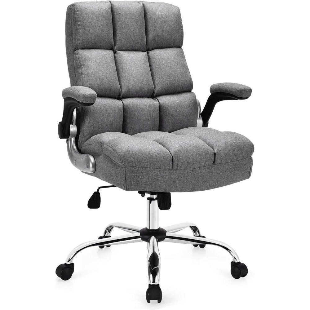 image:imageGiantex Executive Office Chair Big and Tall Ergonomic Computer Chair Adjustable Tilt Angle and Flipup Armrest Linen Fabric Upholstered Chair with Thick Padding High Back Managerial Chair GreyGrey