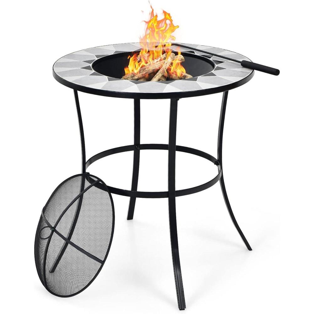 image:imageGiantex Fire Pit Table Outdoor Fire Pit with Mesh Cover Fire Poker Tile Tabletop Round Wood Burning Fire Table for Outside Patio Backyard Garden Camping 235 Inch Small Fire Pit