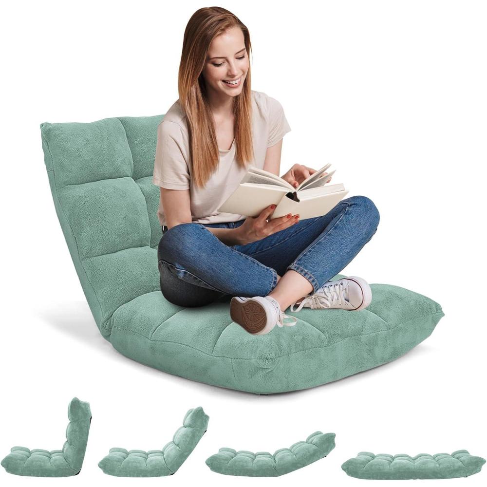 image:imageGiantex Floor Chairs for Adults Floor Gaming Chair with Back Support Coral Velvet 14 Adjustable Position Thick Sponge Padding Floor Seating Lounge for Reading Watching TV Meditation BlackGreen