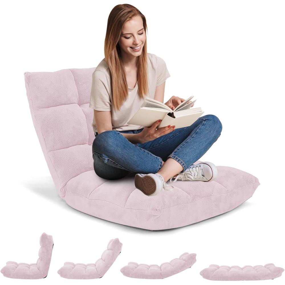 image:imageGiantex Floor Chairs for Adults Floor Gaming Chair with Back Support Coral Velvet 14 Adjustable Position Thick Sponge Padding Floor Seating Lounge for Reading Watching TV Meditation BlackLight Pink