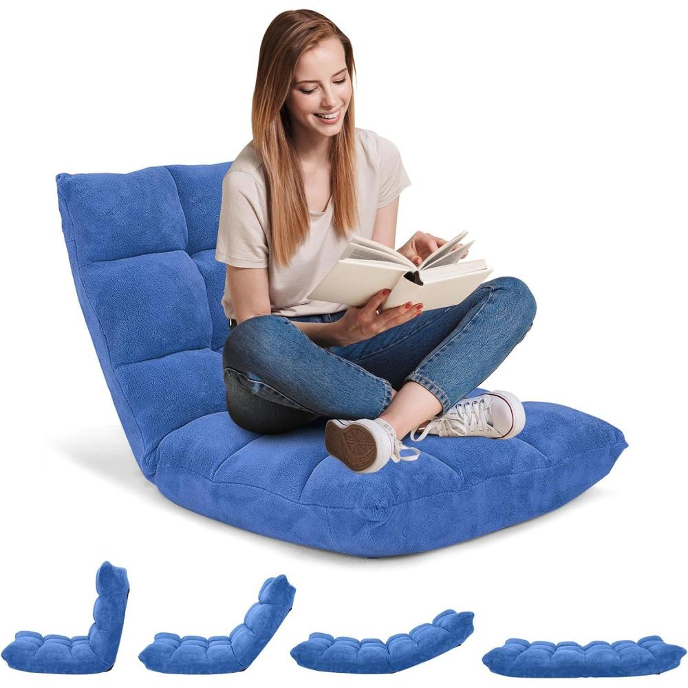 image:imageGiantex Floor Chairs for Adults Floor Gaming Chair with Back Support Coral Velvet 14 Adjustable Position Thick Sponge Padding Floor Seating Lounge for Reading Watching TV Meditation BlackBlue