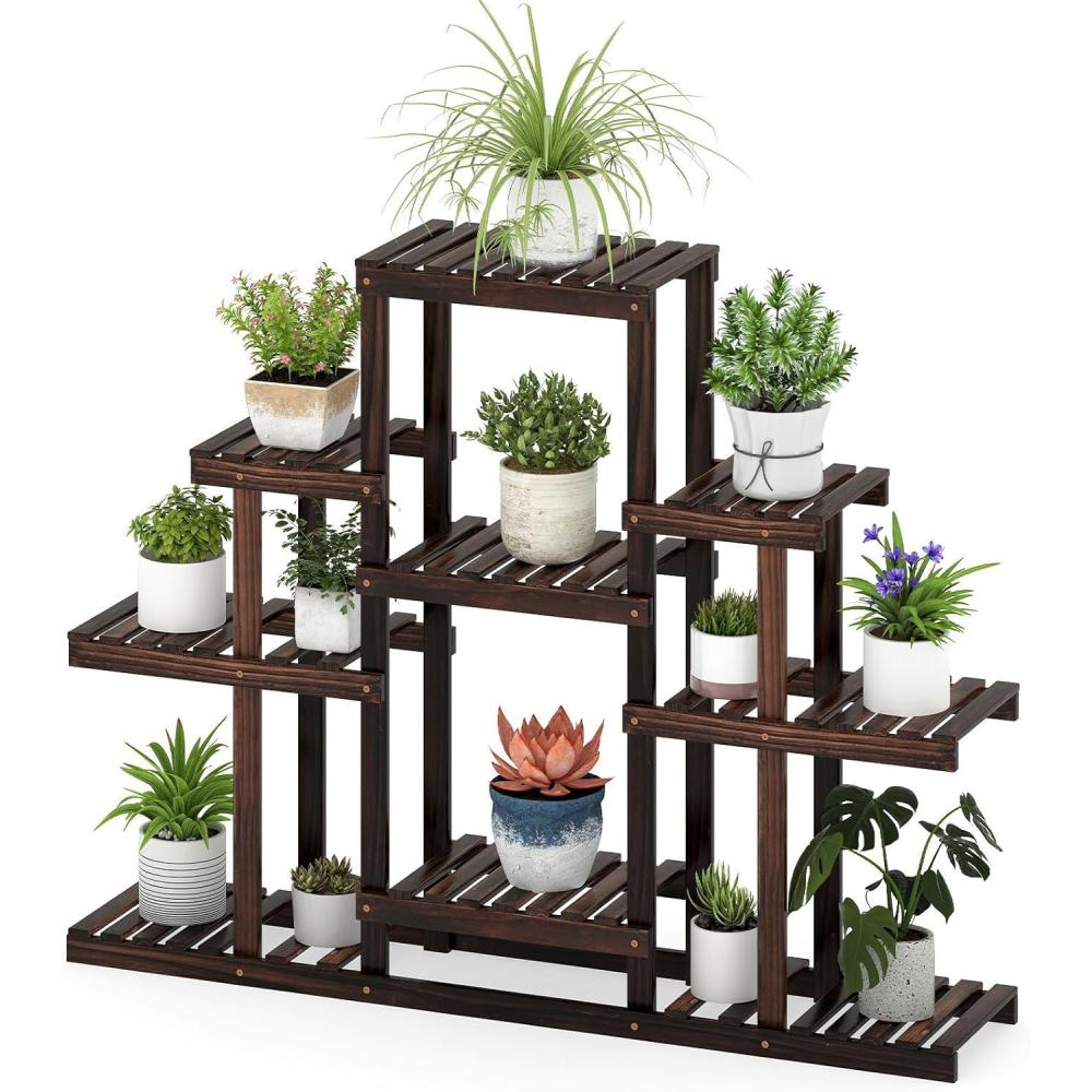 image:imageGiantex Flower Rack Wood Plant Stand 7 Wood Shelves 13 Pots Bonsai Display Shelf Indoor Outdoor Yard Garden Patio Balcony Living Room Multifunctional Storage Rack Bookshelf WHollowOut RackDark Brown