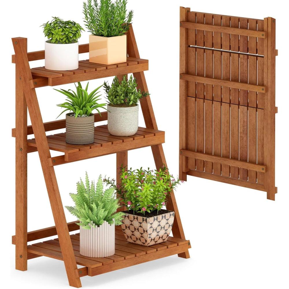 image:imageGiantex Foldable Ladder Plant Shelf 3Tier Solid Wood Indoor Outdoor Flower Pot Display Rack Corner Storage Bookshelf Freestanding Tiered Plant Stand for Garden Patio Balcony No Assembly