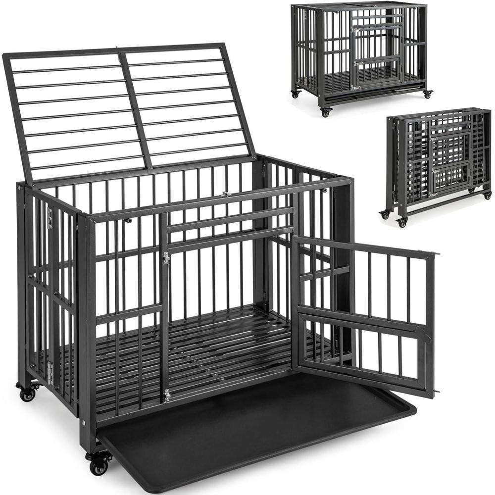 image:imageGiantex Foldable Metal Dog Crate  Heavy Duty Dog Cage with Top and Front Doors Feeding Access Removable Tray Lockable Wheels Chew Proof Dog Kennel Indoor Outdoor 37L x 23W x 30H Black