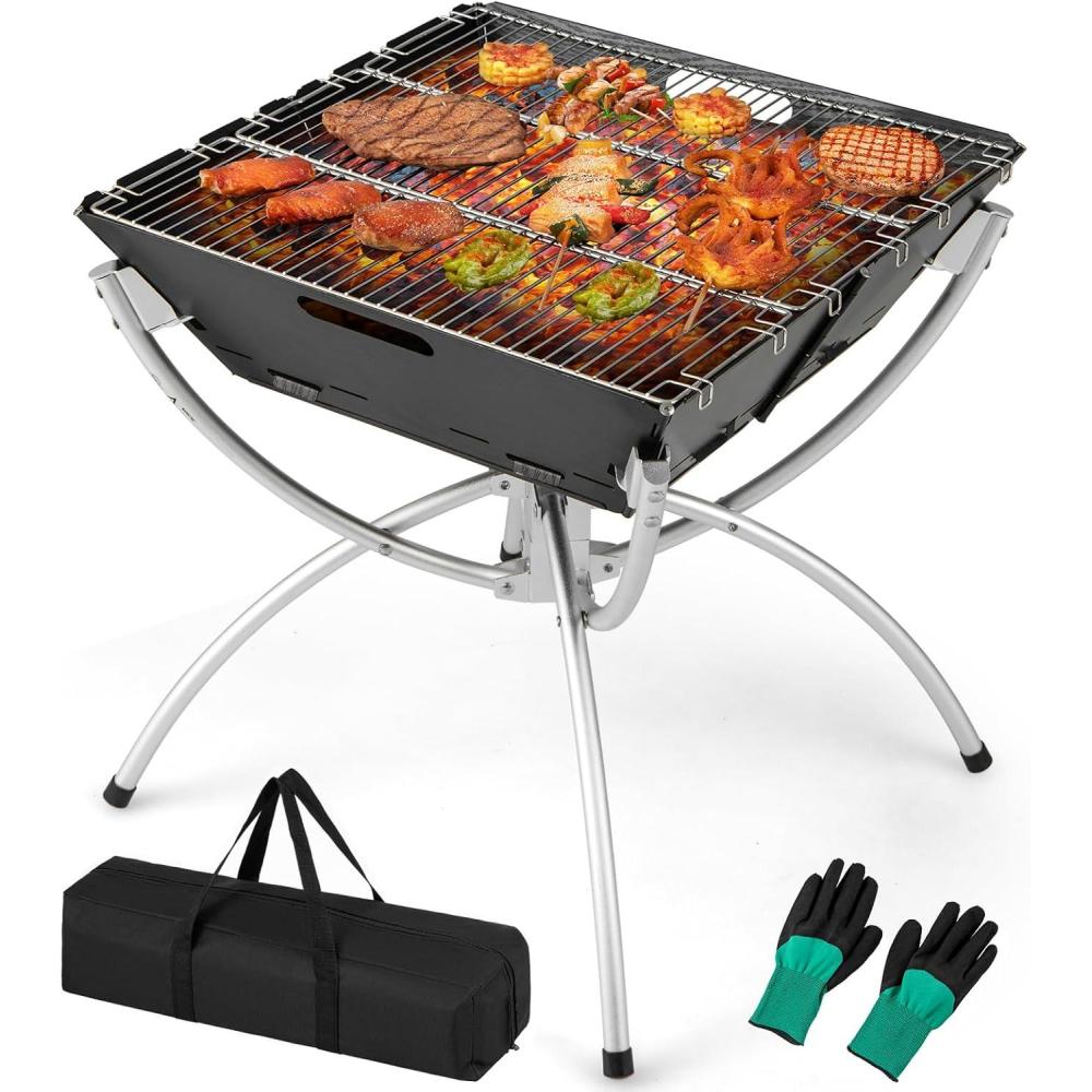 image:imageGiantex Folding Campfire Grill Camping Grill with Stainless Steel Grates Collapsible Aluminum Legs Carry Bag Portable Firewood Barbecue Grill for Backpacking Road Trips Outdoor CookingBlack Silver