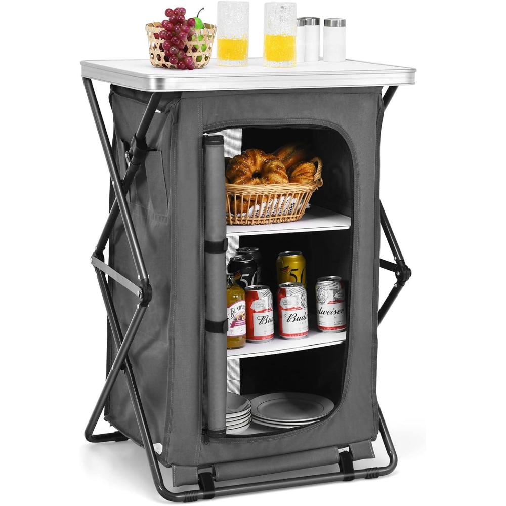 image:imageGiantex Folding Camping Storage Cabinet with 3 Shelves and Carry Bag Portable Outdoor Organizer Kitchen Table Quick Setup for BBQ Picnic Backyard Compact PopUp Cupboard 35HGrey