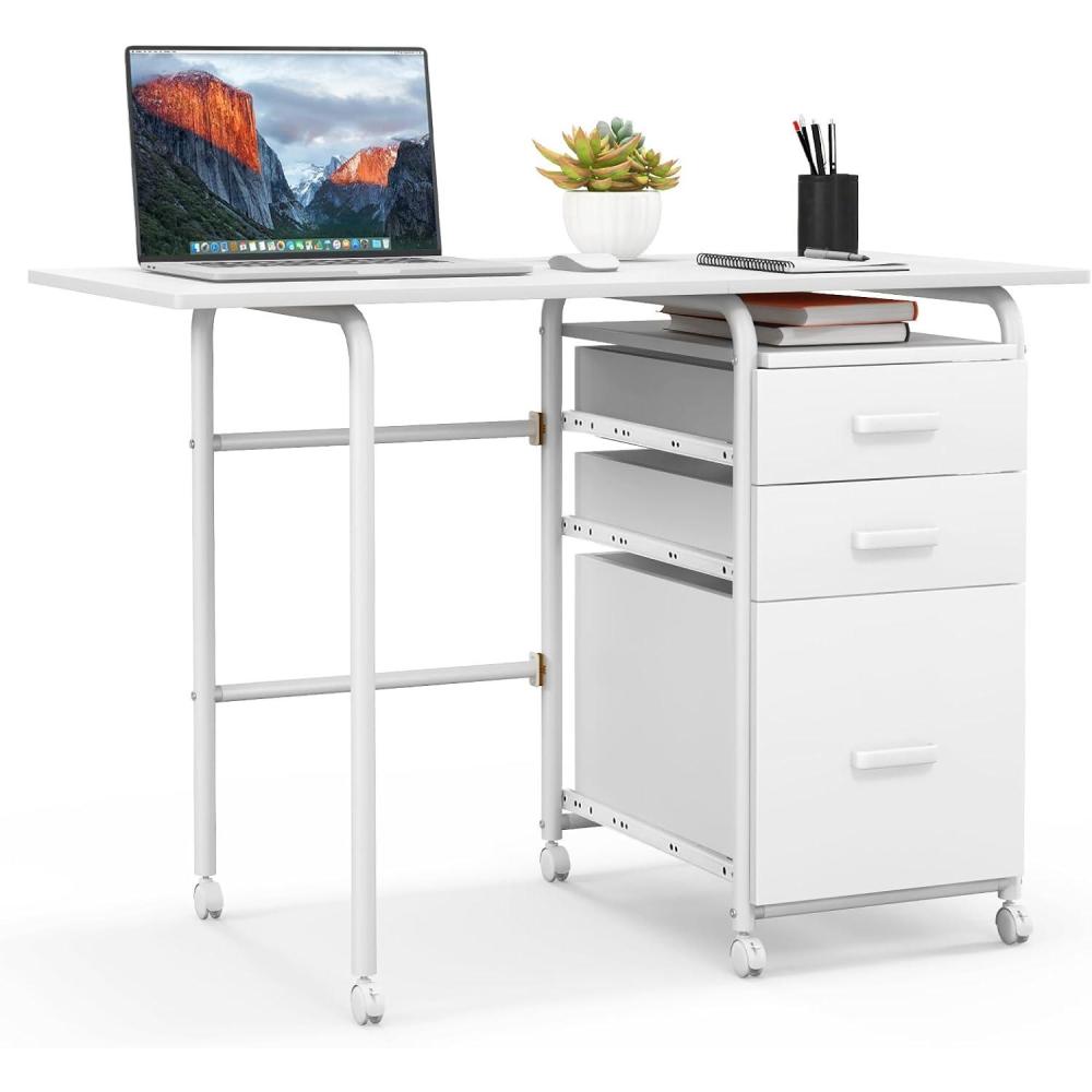 image:imageGiantex Folding Desk for Small Space Rolling Home Office Desk with 3 Drawers amp Lockable Universal Wheels Mobile Study Writing Desk for Dorm Apartment Bedroom BrownWhite