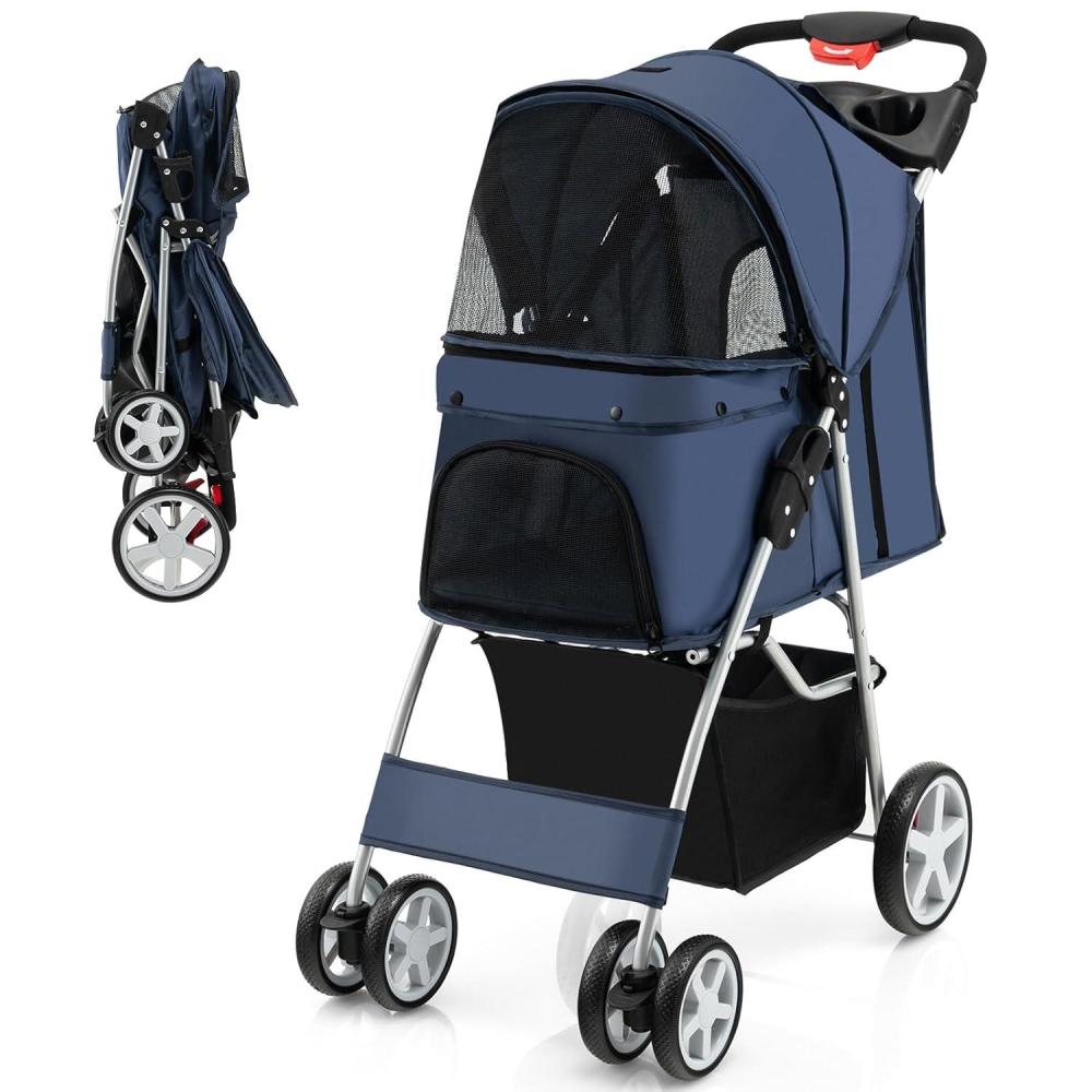 image:imageGiantex Folding Dog Stroller for Small Medium Dogs Cats Puppy 4 Lockable Wheels Cat Stroller Pet Travel Carrier Strolling Cart Safety Belt Removable Liner and Storage Basket NavyNavy Blue