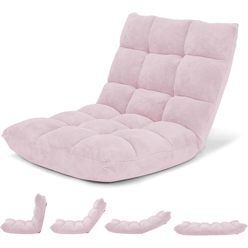 image:imageGiantex Folding Floor Chair with Back Support 14 Adjustable Position Padded Sleeper Bed Couch Recliner Floor Gaming Chair for Adults Meditation Living Room Bedroom BlackLight Pink