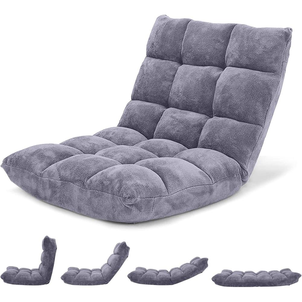 image:imageGiantex Folding Floor Chair with Back Support 14 Adjustable Position Padded Sleeper Bed Couch Recliner Floor Gaming Chair for Adults Meditation Living Room Bedroom BlackGrey