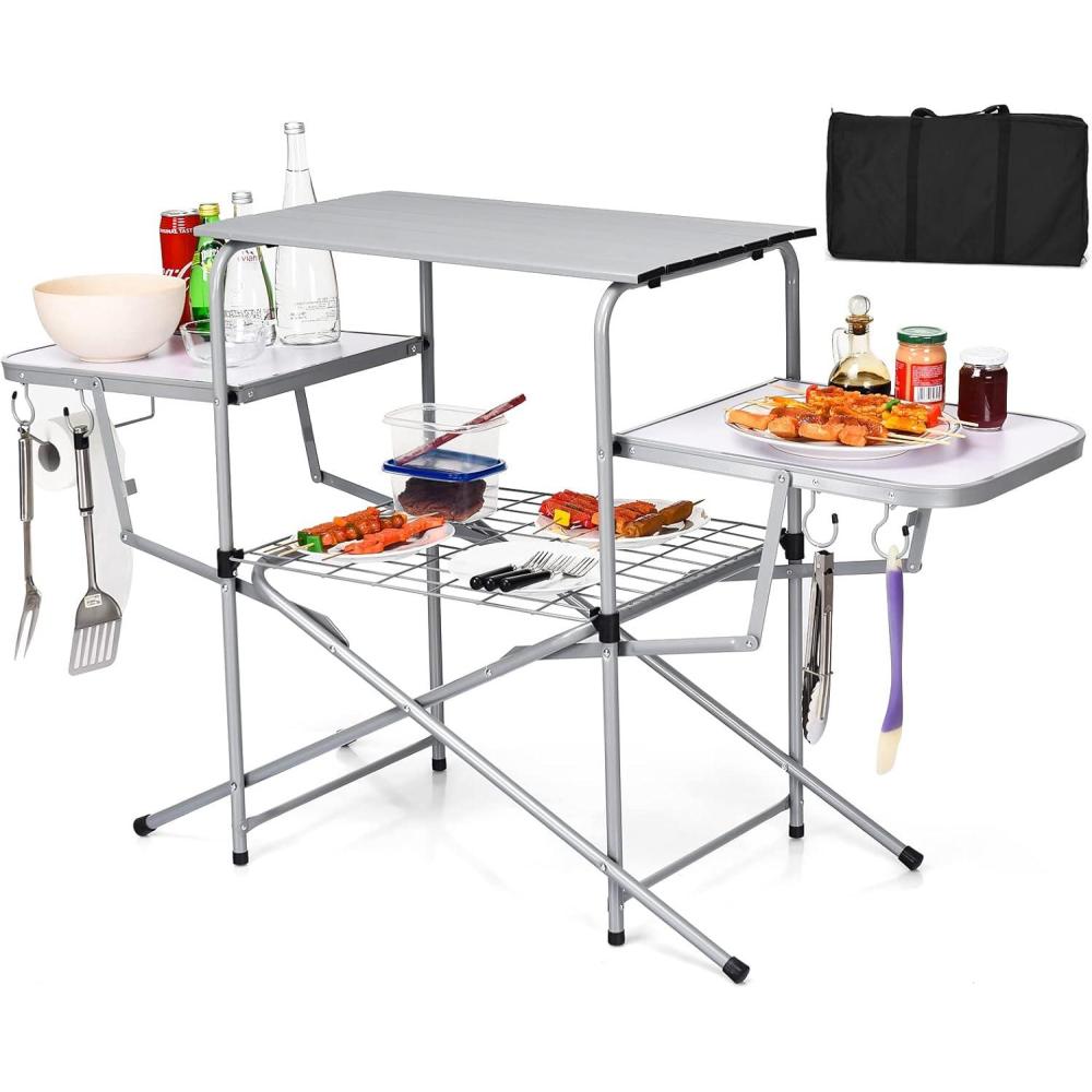 image:imageGiantex Folding Grill Table with 26 Main Tabletop Portable Aluminum Camping Table Carrying Bag Quick Setup Outdoor Camping Kitchen Food Prep Station for Picnic Tailgating RVing Backyard