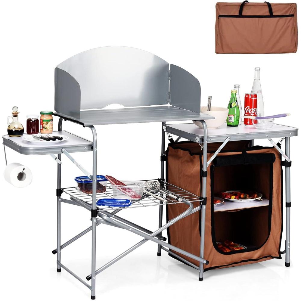 image:imageGiantex Folding Grill Table with 26 Tabletop and Detachable Windscreen Aluminum Portable Camp Cook Station Carry Bag Quick Setup BBQ Camping Picnic Backyard Outdoor Camping Kitchen Table GreyBrown