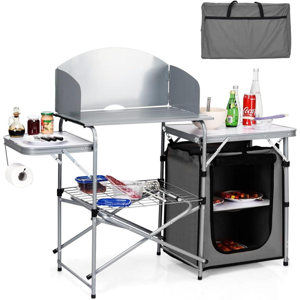 image:imageGiantex Folding Grill Table with 26 Tabletop and Detachable Windscreen Aluminum Portable Camp Cook Station Carry Bag Quick Setup BBQ Camping Picnic Backyard Outdoor Camping Kitchen Table GreyGrey