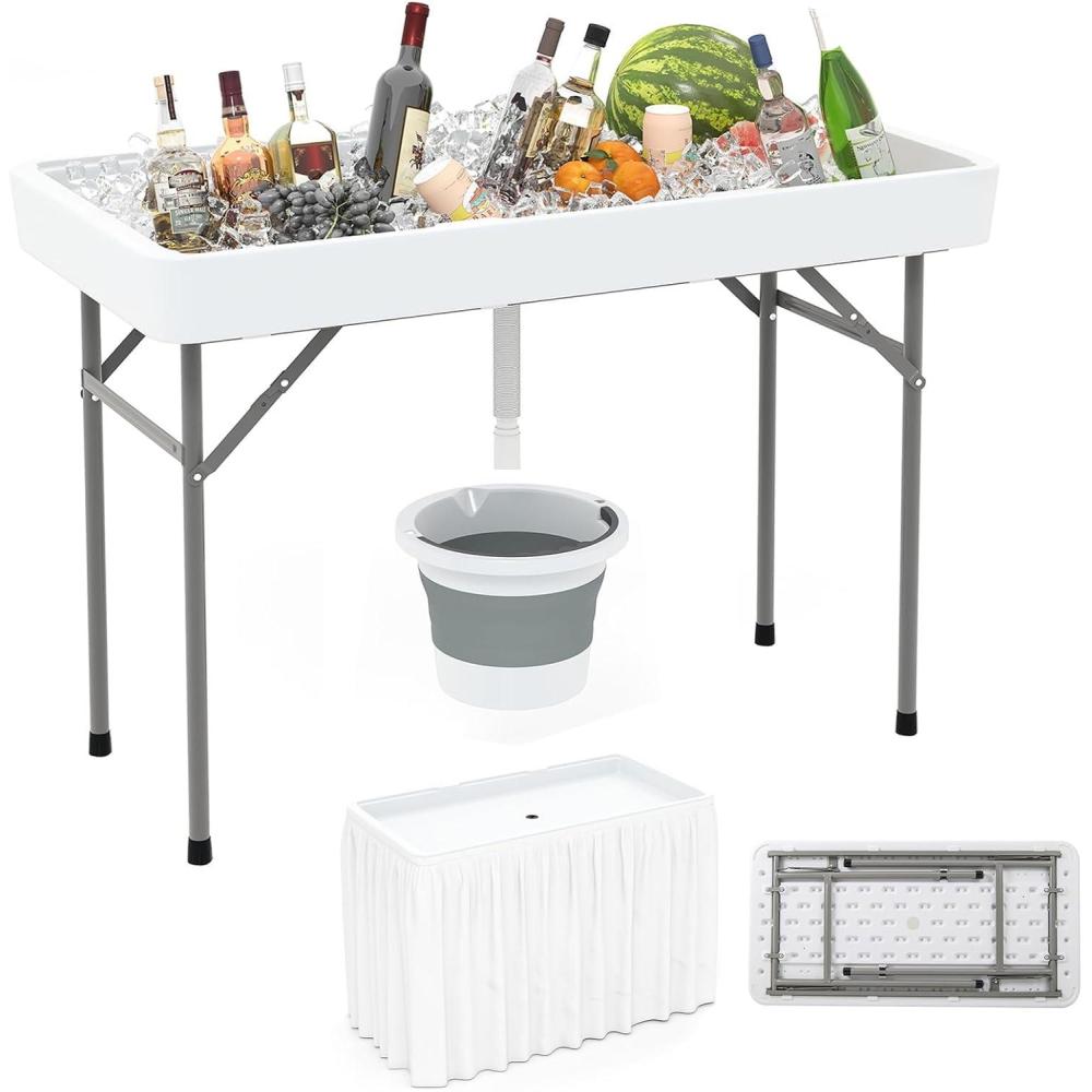 image:imageGiantex Folding Ice Table with Drain 4 ft Portable Cooler with Removable Skirt No Assembly Fill and Chill Table for Food Drink Beverage Foldable Party Ice Bin for Camping BBQ Outdoor WhiteWhite