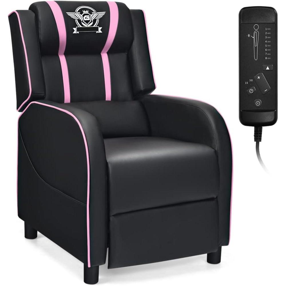 image:imageGiantex Gaming Recliner Chair Adjustable Massage Gaming Chairs for Adults Ergonomic Comfortable Lounge Leather Sofa wFootrest Remote Control amp Side Pocket Racing Style Single Sofa Recliners RedPink