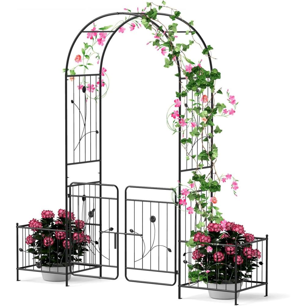 image:imageGiantex Garden Arbor with Gate 75FT Metal Arch Trellis for Climbing Plants Rose Ivy Archway Pergola with Flower Door 4 Stakes Garden Arch for Wedding Ceremony Bridal Party DecorationGate  Planters