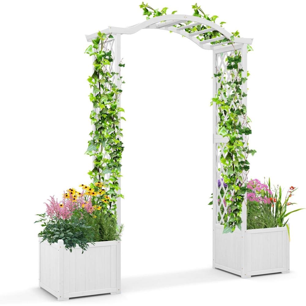 image:imageGiantex Garden Arbor with Planter Wooden Planter Arch with Trellis Outdoor Arch for Climbing Plants Vegetables Herbs Decorations Arbor Archway for Wedding Ceremony Party WhiteWhite