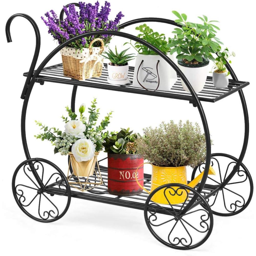 image:imageGiantex Garden Cart Metal Plant Stand with 4 Decorative Wheels Succulent Collection Flower Pot Holder Display Shelf for Home Patio Garden Flower Shop Parisian Style Plant Potted Rack 2Tier