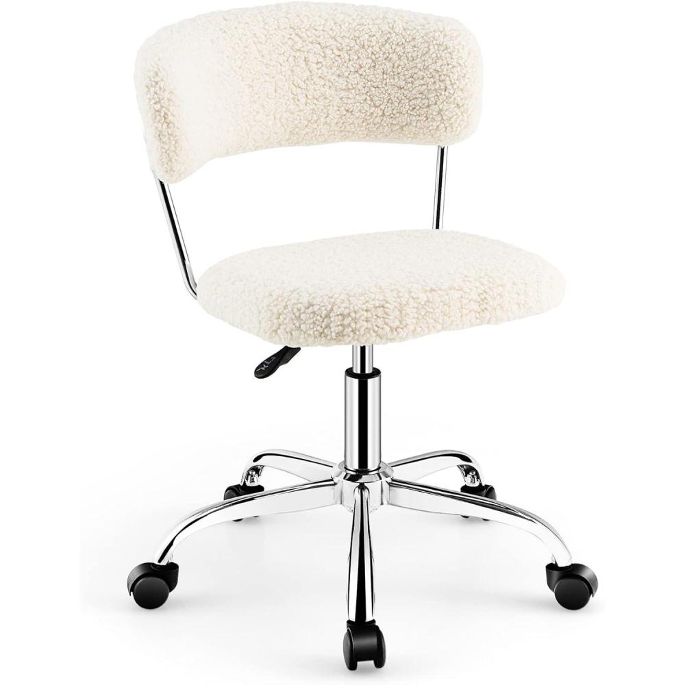 image:imageGiantex Home Office Chair Faux Fur Low Back Swivel Leisure Chair wHeight Adjustable Padded Seat Rolling Armless Vanity Chair wGalvanized Steel Frame for Bedroom Study Guest Room WhiteWhite