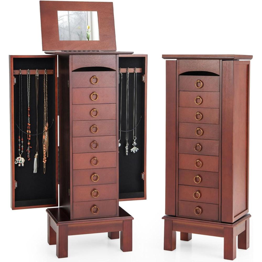 image:imageGiantex Jewelry Cabinet Armoire with 9 Drawers 2 Side Doors 8 Necklace Hooks Top Divided Storage Compartments Makeup Mirror Large Standing Jewelry Chest Organizer Box