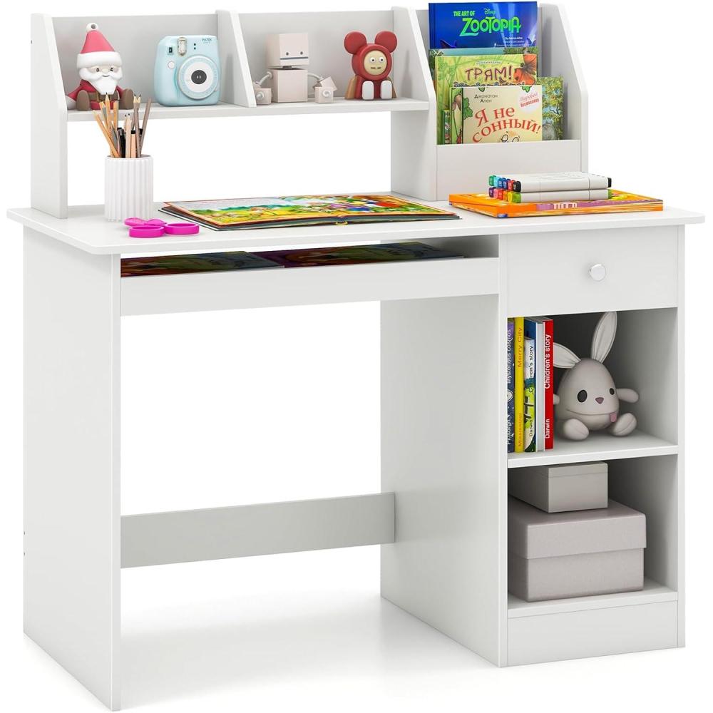 image:imageGiantex Kids Study Desk Children Wooden Writing Table with Hutch Bookshelf Drawer Keyboard Tray Storage Shelves White Student Computer Desk Workstation for Home School Use Gift for Boys Girls