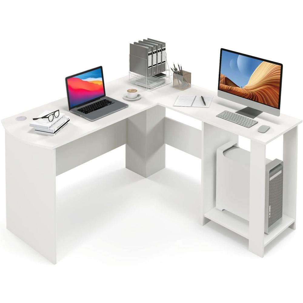 image:imageGiantex L Shaped Computer Desk 51 Large Corner Desk with 2 Cable Holes amp 2 Storage Shelves Modern Office Gaming Table Writing Study Workstation with CPU Stand for Home Office WhiteWhite