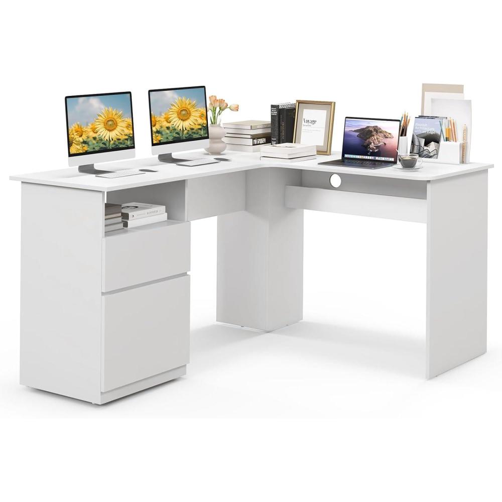 image:imageGiantex L Shaped Computer Desk with Drawers 59 Corner Desk Workstation with Storage Shelf amp Cable Holes Large Executive Office Desk Modern Study Writing Table for Home Office WhiteWhite
