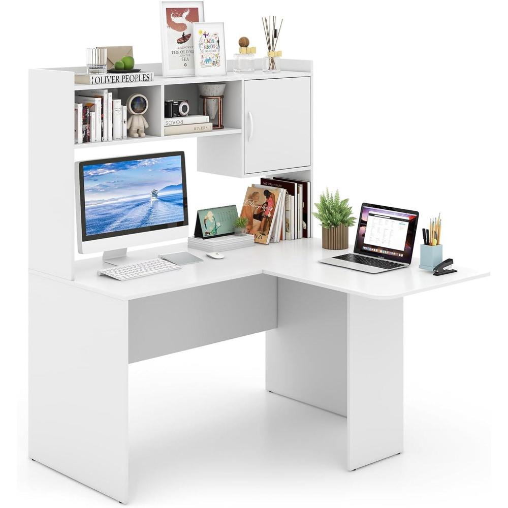 image:imageGiantex L Shaped Desk with Hutch White Corner Desk with Storage Shelf amp Cabinet Laptop PC Table Gaming Computer Table Workstation Modern Executive Study Writing Desk for Home Office Bedroom