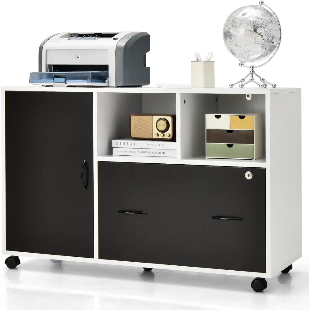 image:imageGiantex Lateral File Cabinet Mobile Filing Cabinet with Drawer Printer Stand with Open Storage Shelves Wood Organizer for Home and Office A4 Letter and Legal Size White amp BlackCurved Knob