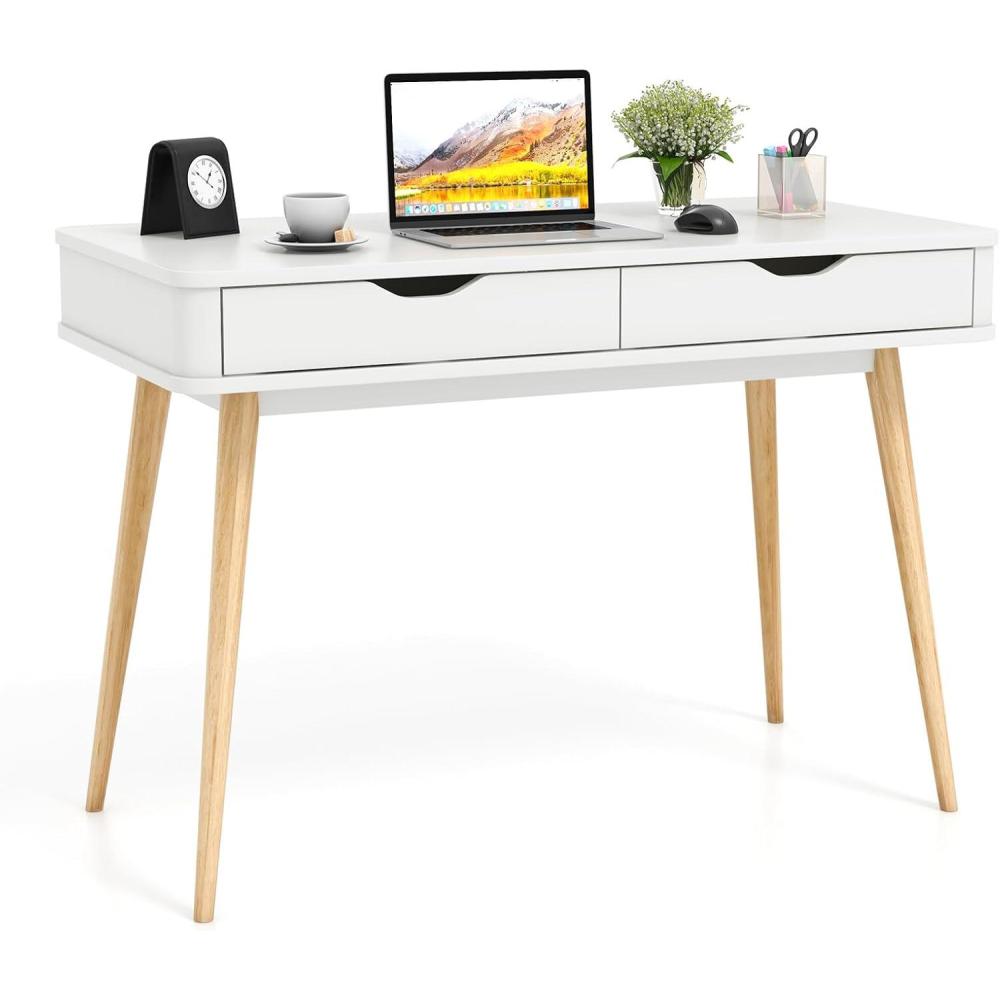image:imageGiantex Mid Century Desk with 2 Drawers 435 Writing Study Desk with Solid Rubber Wood Legs Home Office Computer Workstation PC Laptop Desk Modern Makeup Vanity Table for Bedroom WalnutWhite  Natural