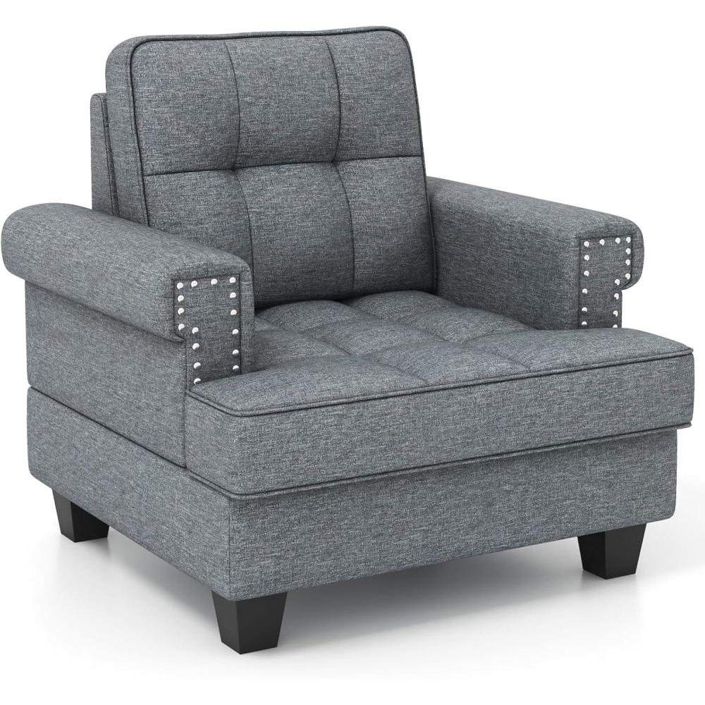image:imageGiantex Mid Century Modern Accent Chair Tufted Linen Single Sofa Chair with Thick Pillow amp Cushion Solid Rubber Wood Structure Studded Upholstered Reading Arm Chair for Living Room Bedroom GreyGrey