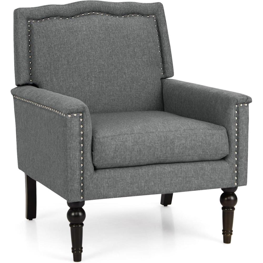 image:imageGiantex MidCentury Modern Accent Chair Grey Linen Fabric Upholstered Armchair wRubber Wood Legs Nailhead Trim Max Load 440 Lbs Comfy Single Sofa Side Chair for Living Room BedroomGrey