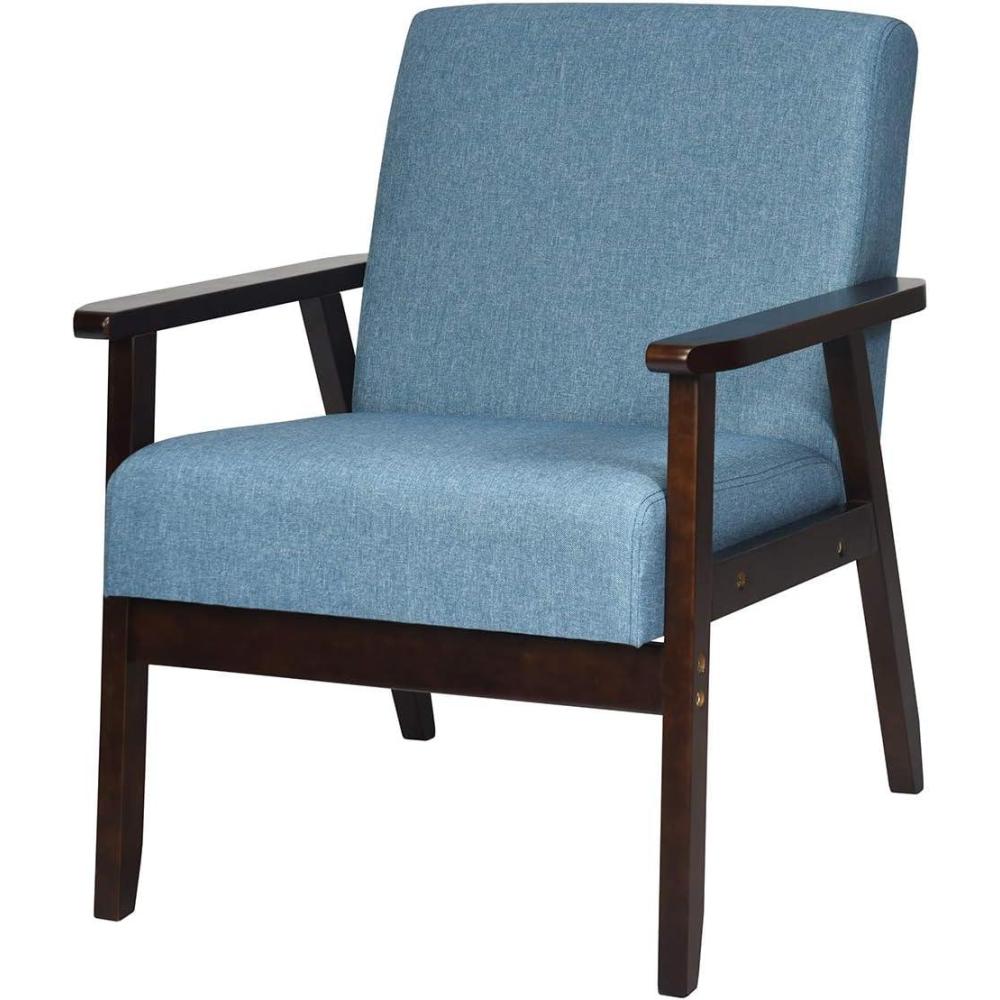 image:imageGiantex MidCentury Modern Accent Chair Retro Fabric Armchair Solid Hardwood Made Upholstered Linen Lounge Arm Chair for Living Room 1 Dark GreyBlue
