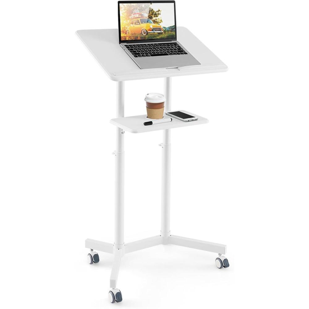 image:imageGiantex Mobile Laptop Podium Height Adjustable Standing Desk with Storage Tray Tilting Desktop Home Office Classroom Pulpit Stand Up Desk Rolling Laptop Cart Lecterns amp Podiums for Church WhiteWhite