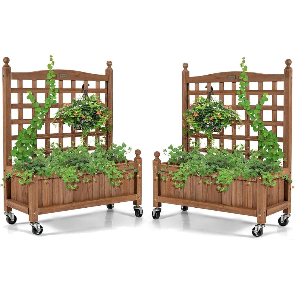image:imageGiantex Mobile Plant Raised Bed Wood Planter with Lattice Trellis and Wheels Flower Box for Plant Climbing Vertical Garden for Balcony Patio Yard 25x11x 502