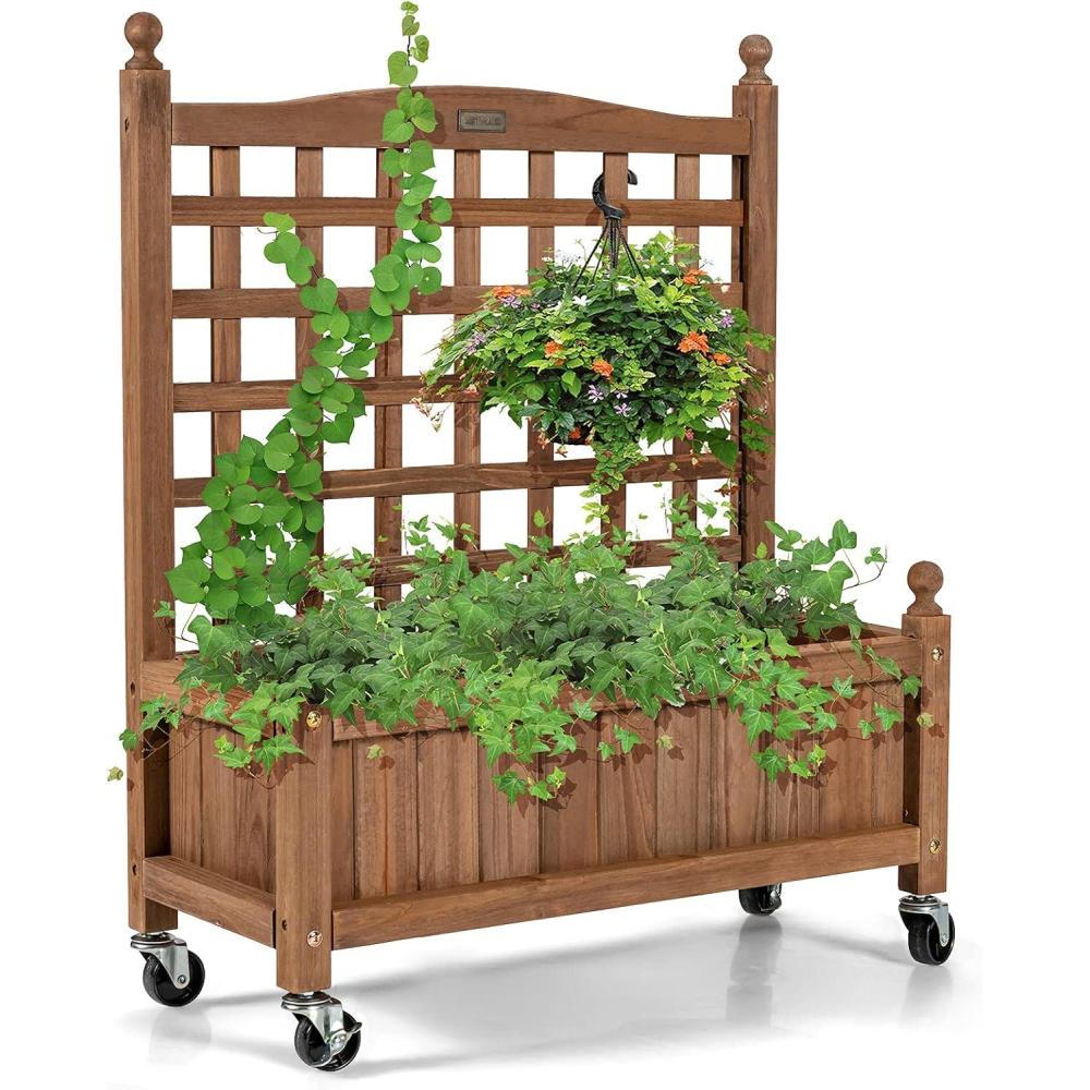 image:imageGiantex Mobile Plant Raised Bed Wood Planter with Lattice Trellis and Wheels Flower Box for Plant Climbing Vertical Garden for Balcony Patio Yard 25x11x 501