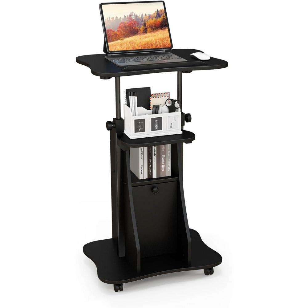 image:imageGiantex Mobile Podium Stand SittoStand Laptop Cart with Tilting Tabletop amp Storage Cabinet Lockable Casters HeightAdjustable Rolling Lectern for Classroom Church Home Office Black 2 PackBlack