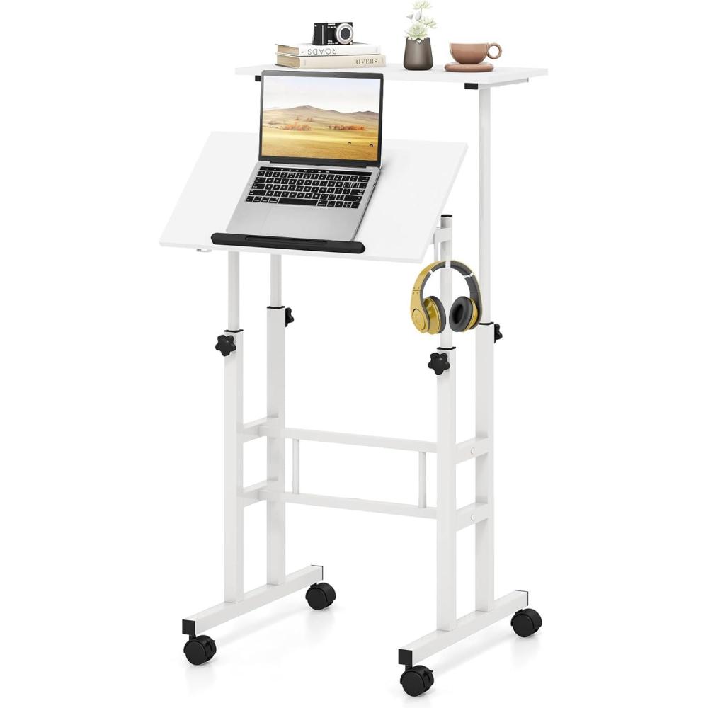 image:imageGiantex Mobile Standing Desk Portable Stand Up Desks Adjustable Height with Wheels amp Tilting Tabletop Home Office Computer Workstation Rolling Sit Stand Desk for Standing or Sitting NaturalWhite