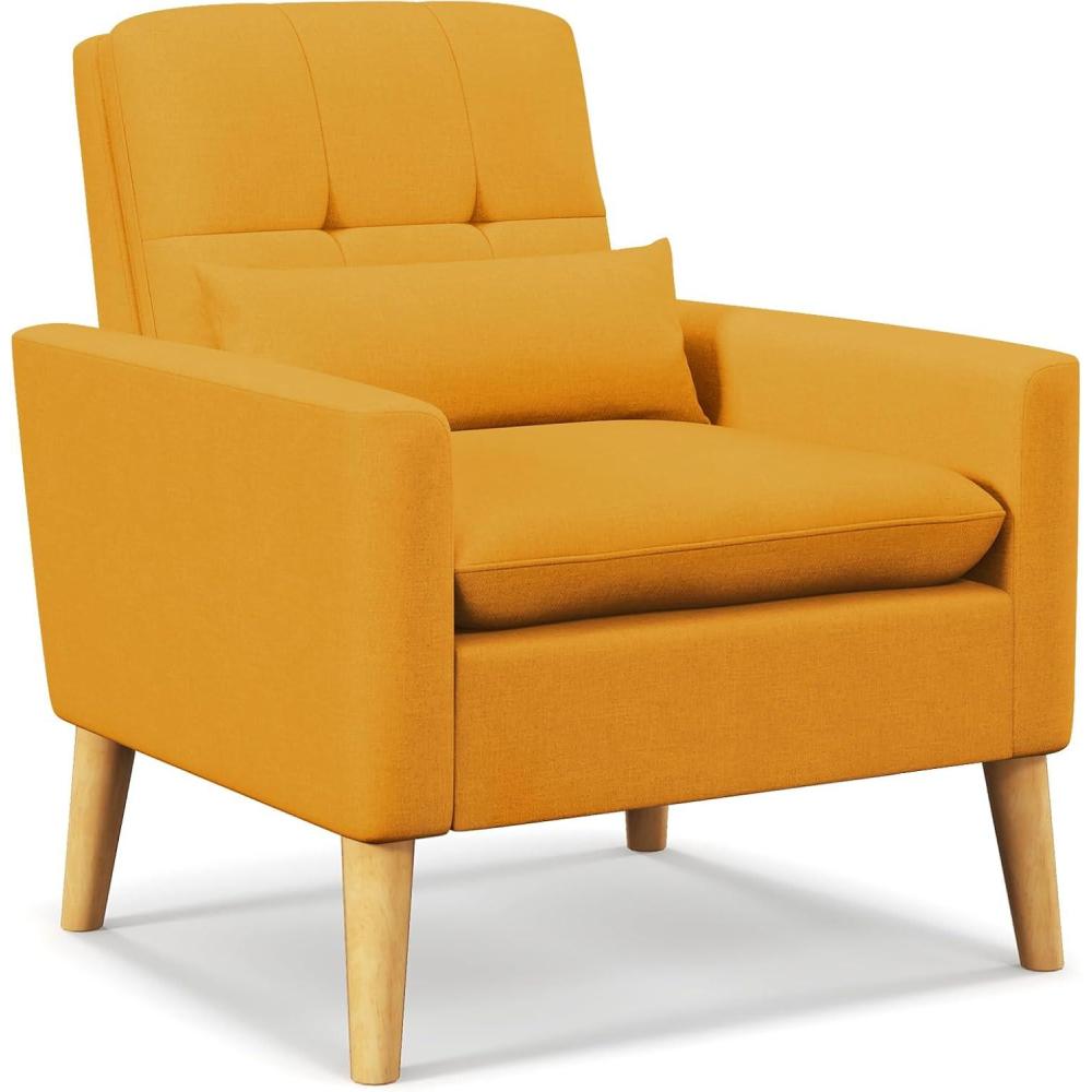 image:imageGiantex Modern Accent Chair MidCentury Linen Fabric Armchair wLumbar Pillow Back amp Seat Cushion Comfy Single Sofa Chair with Rubber Wood Legs for Living Room Bedroom Reading Room BeigeYellow