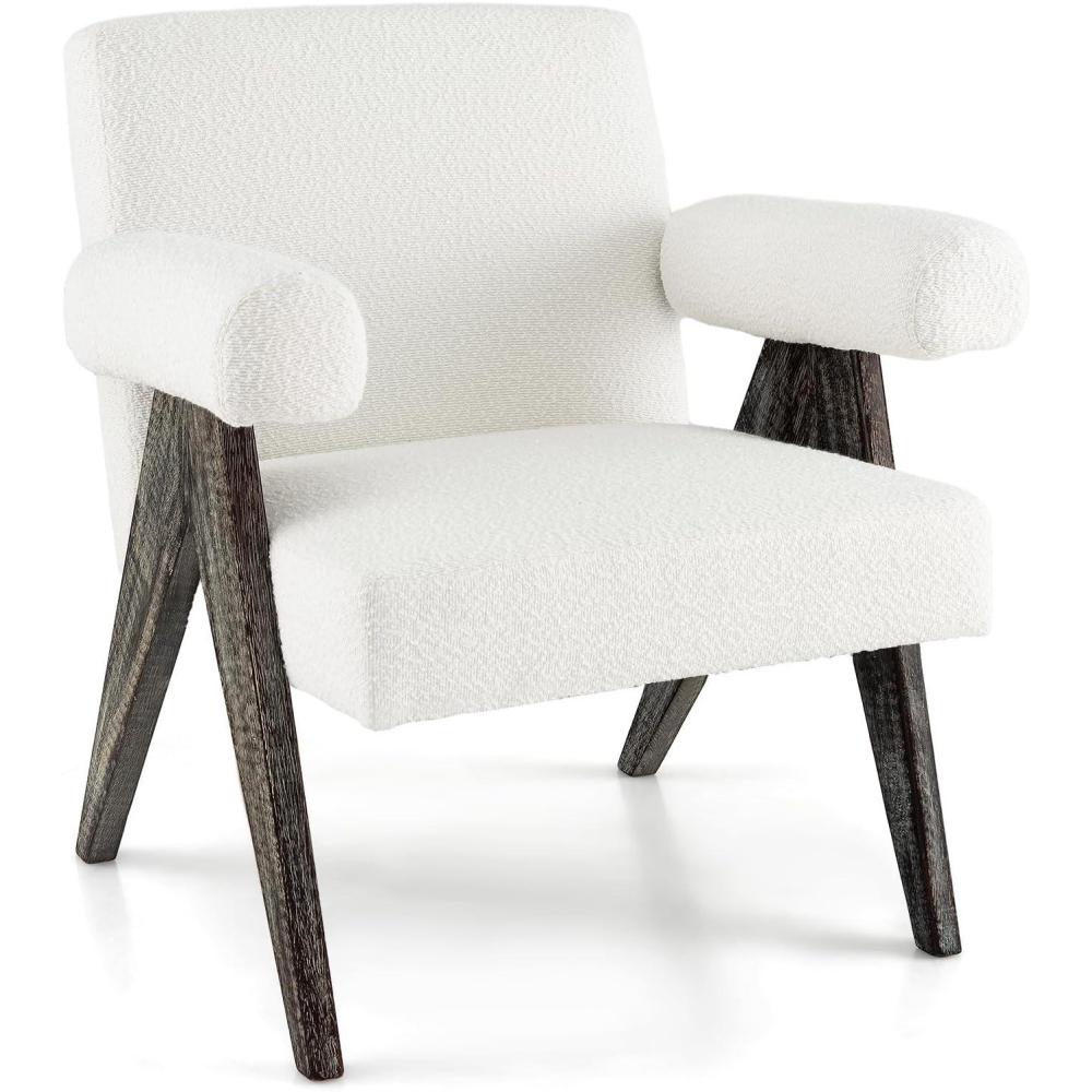 image:imageGiantex Modern Mid Century Accent Chair Upholstered Armchair wNatural Rubber Wood Legs Sponge Padded Seat Felt Foot Pads Comfy Sherpa Chair for Reading Living Room Bedroom White
